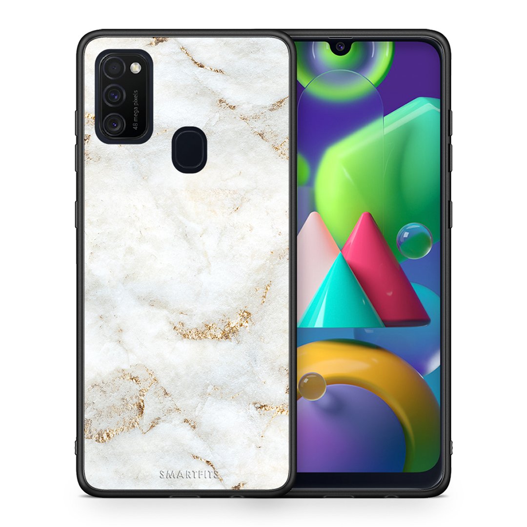 Θήκη Samsung M21/M31 White Gold Marble από τη Smartfits με σχέδιο στο πίσω μέρος και μαύρο περίβλημα | Samsung M21/M31 White Gold Marble case with colorful back and black bezels