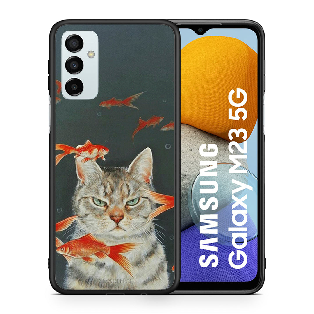 Θήκη Samsung M23 Cat Goldfish από τη Smartfits με σχέδιο στο πίσω μέρος και μαύρο περίβλημα | Samsung M23 Cat Goldfish case with colorful back and black bezels