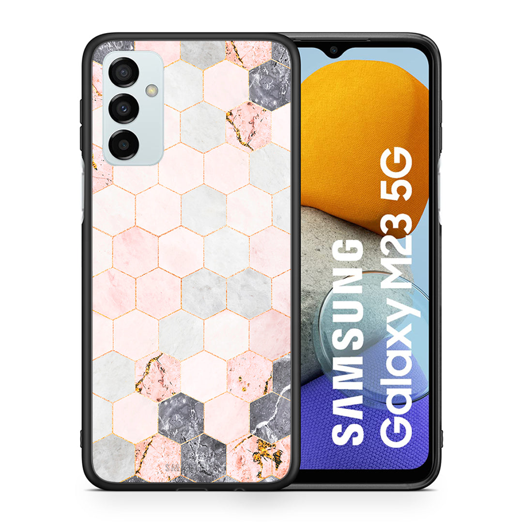 Θήκη Samsung M23 Hexagon Pink Marble από τη Smartfits με σχέδιο στο πίσω μέρος και μαύρο περίβλημα | Samsung M23 Hexagon Pink Marble case with colorful back and black bezels