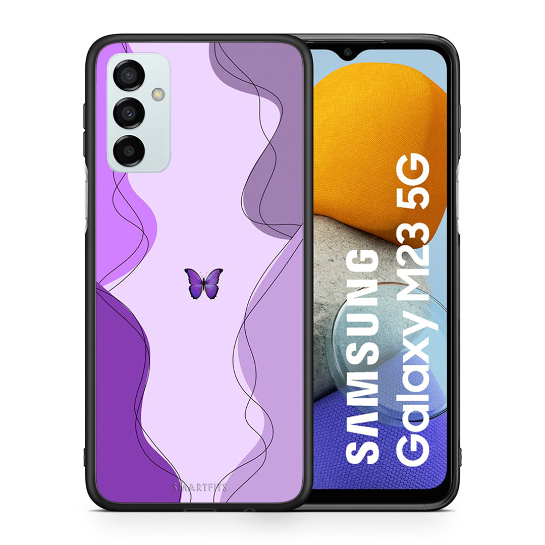 Θήκη Αγίου Βαλεντίνου Samsung M23 Purple Mariposa από τη Smartfits με σχέδιο στο πίσω μέρος και μαύρο περίβλημα | Samsung M23 Purple Mariposa case with colorful back and black bezels