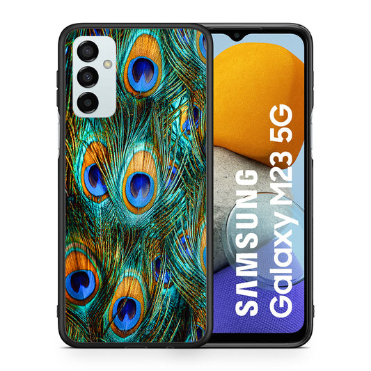 Θήκη Samsung M23 Real Peacock Feathers από τη Smartfits με σχέδιο στο πίσω μέρος και μαύρο περίβλημα | Samsung M23 Real Peacock Feathers case with colorful back and black bezels