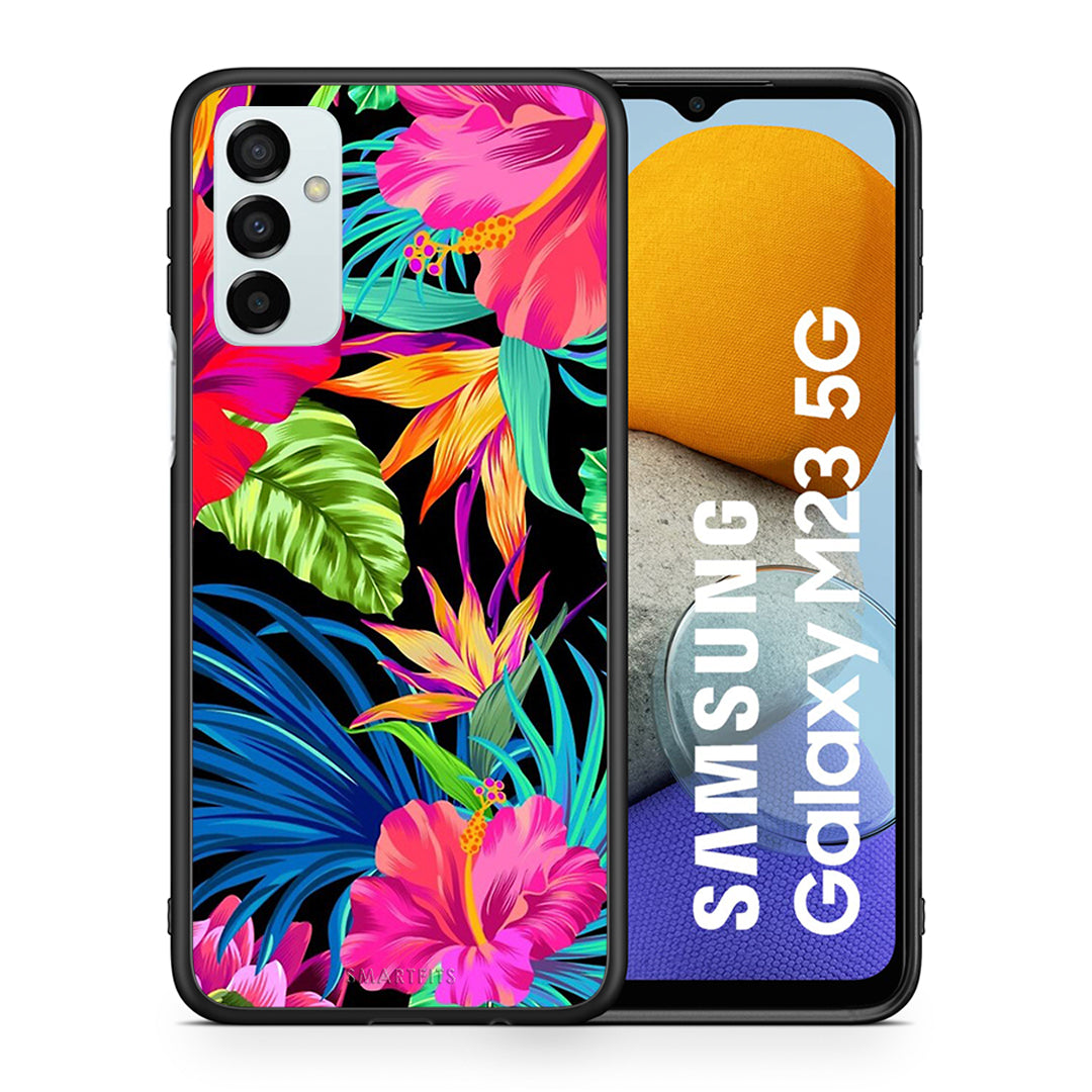 Θήκη Samsung M23 Tropical Flowers από τη Smartfits με σχέδιο στο πίσω μέρος και μαύρο περίβλημα | Samsung M23 Tropical Flowers case with colorful back and black bezels