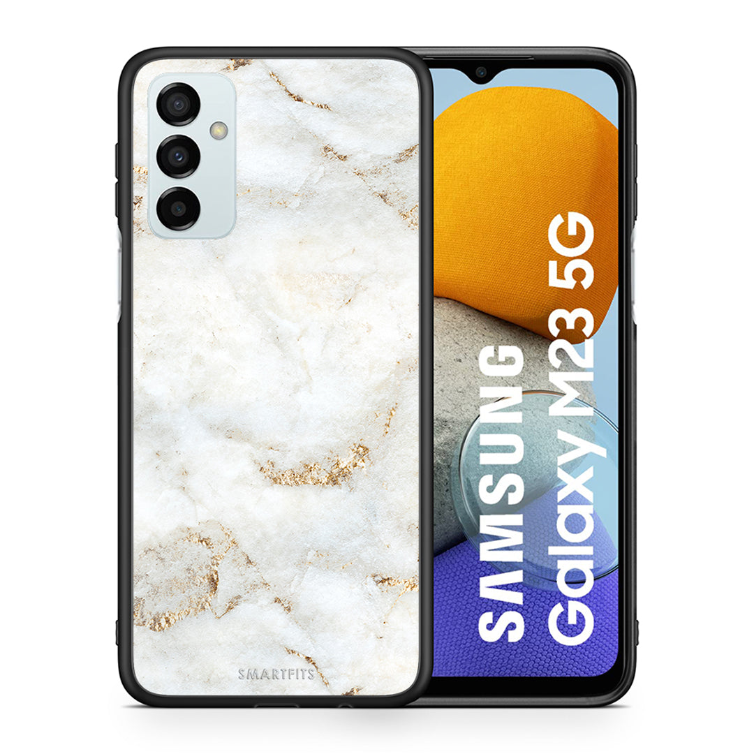 Θήκη Samsung M23 White Gold Marble από τη Smartfits με σχέδιο στο πίσω μέρος και μαύρο περίβλημα | Samsung M23 White Gold Marble case with colorful back and black bezels