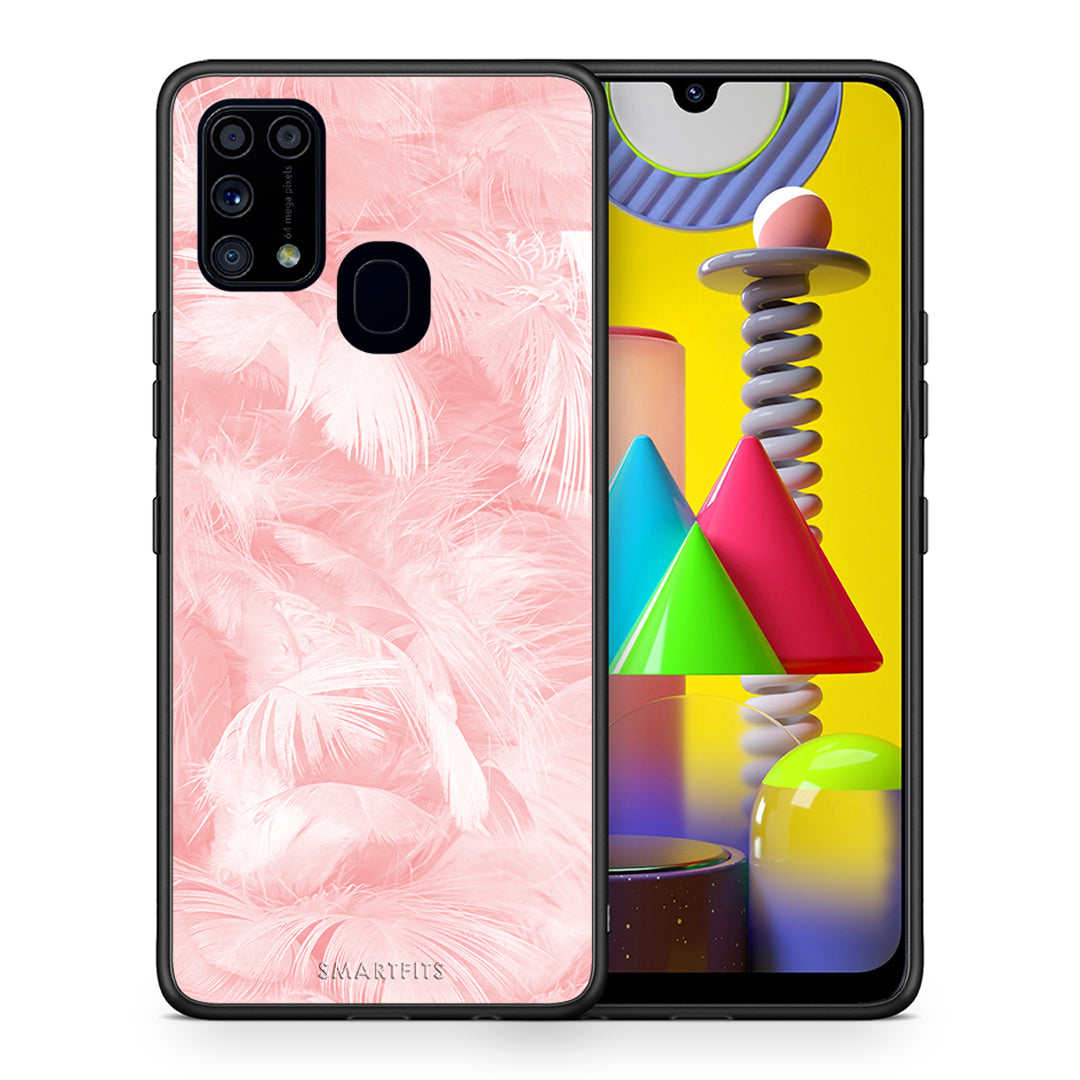 Θήκη Samsung M31 Pink Feather Boho από τη Smartfits με σχέδιο στο πίσω μέρος και μαύρο περίβλημα | Samsung M31 Pink Feather Boho case with colorful back and black bezels