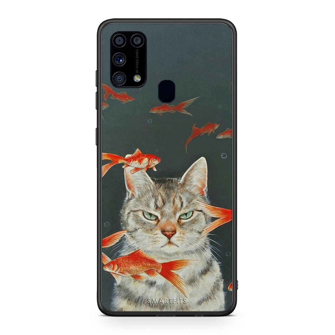 Samsung M31 Cat Goldfish θήκη από τη Smartfits με σχέδιο στο πίσω μέρος και μαύρο περίβλημα | Smartphone case with colorful back and black bezels by Smartfits