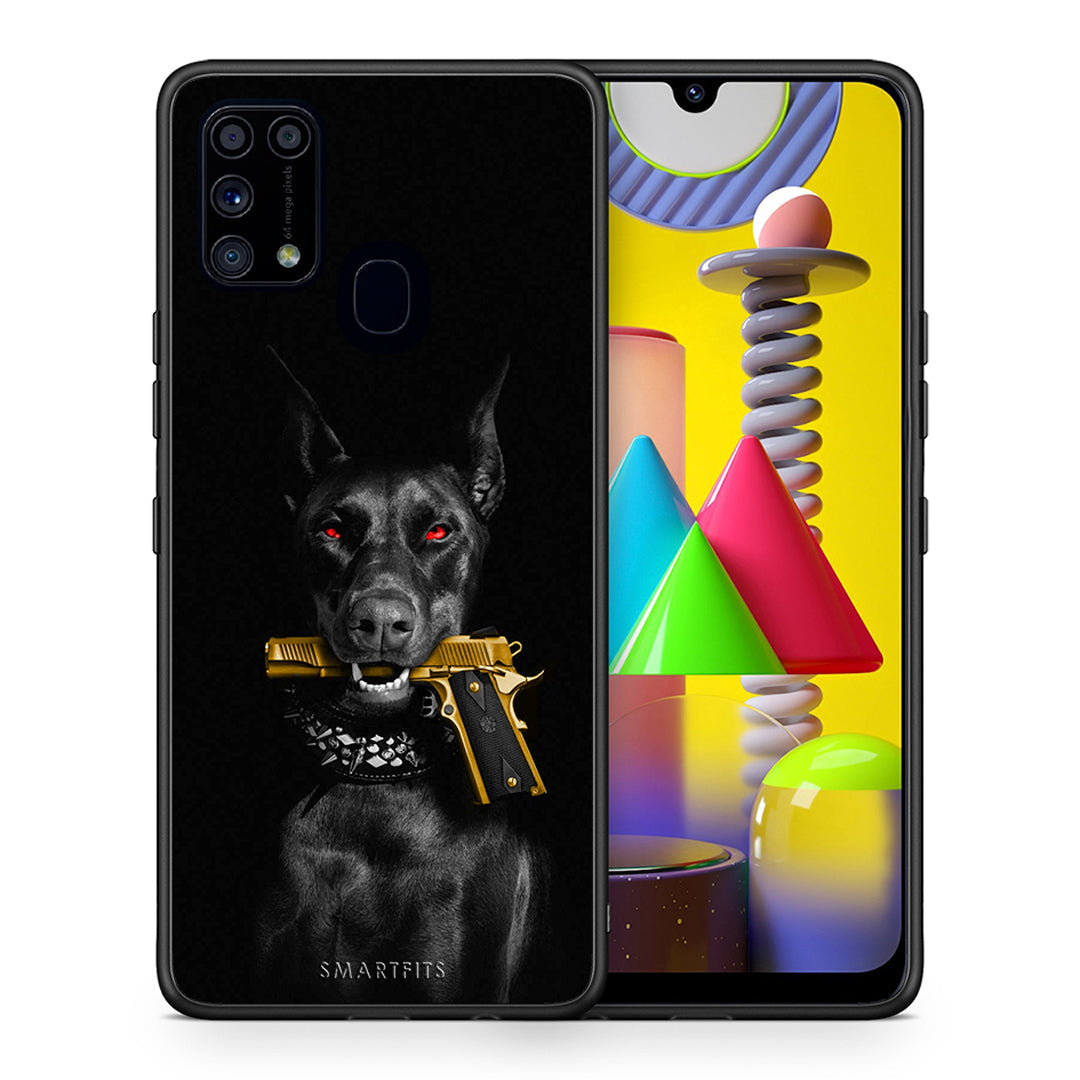 Θήκη Αγίου Βαλεντίνου Samsung M31 Golden Gun από τη Smartfits με σχέδιο στο πίσω μέρος και μαύρο περίβλημα | Samsung M31 Golden Gun case with colorful back and black bezels