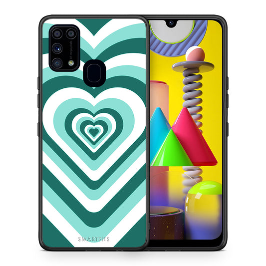 Θήκη Samsung M31 Green Hearts από τη Smartfits με σχέδιο στο πίσω μέρος και μαύρο περίβλημα | Samsung M31 Green Hearts case with colorful back and black bezels