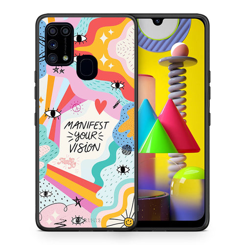 Θήκη Samsung M31 Manifest Your Vision από τη Smartfits με σχέδιο στο πίσω μέρος και μαύρο περίβλημα | Samsung M31 Manifest Your Vision case with colorful back and black bezels