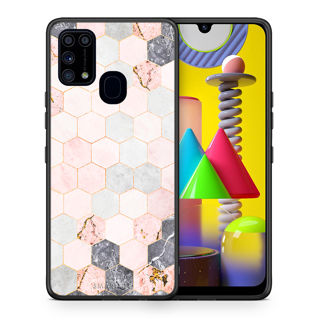 Θήκη Samsung M31 Hexagon Pink Marble από τη Smartfits με σχέδιο στο πίσω μέρος και μαύρο περίβλημα | Samsung M31 Hexagon Pink Marble case with colorful back and black bezels