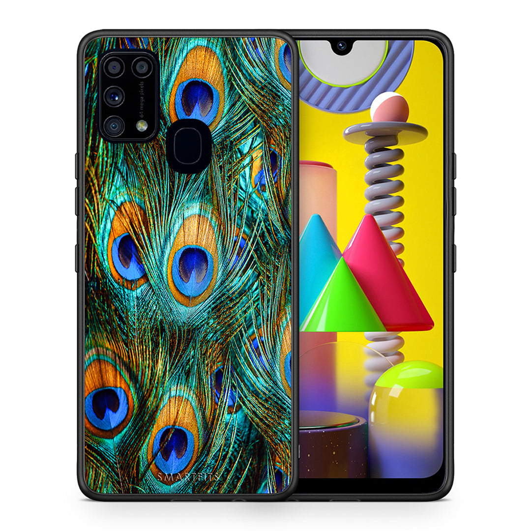 Θήκη Samsung M31 Real Peacock Feathers από τη Smartfits με σχέδιο στο πίσω μέρος και μαύρο περίβλημα | Samsung M31 Real Peacock Feathers case with colorful back and black bezels