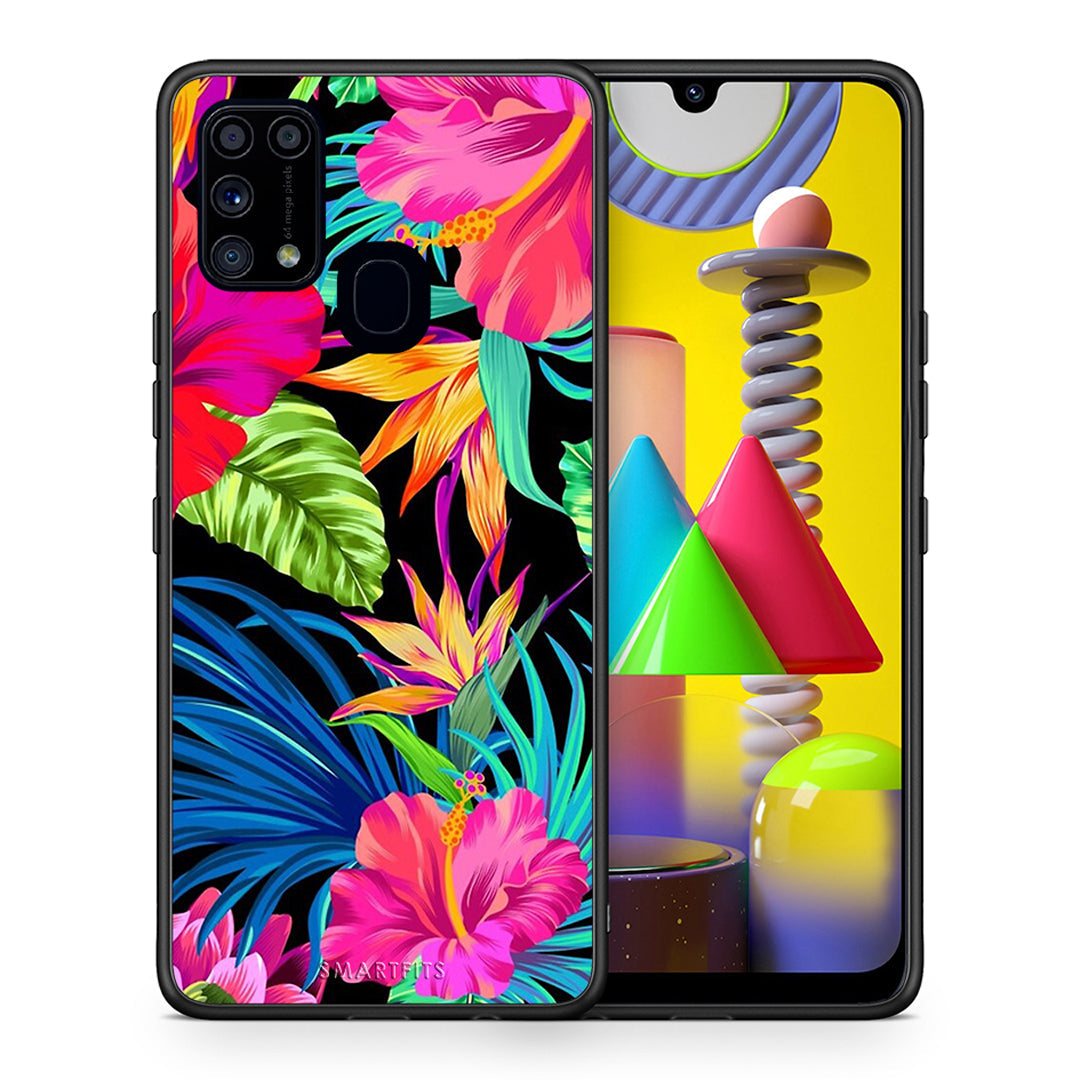 Θήκη Samsung M31 Tropical Flowers από τη Smartfits με σχέδιο στο πίσω μέρος και μαύρο περίβλημα | Samsung M31 Tropical Flowers case with colorful back and black bezels