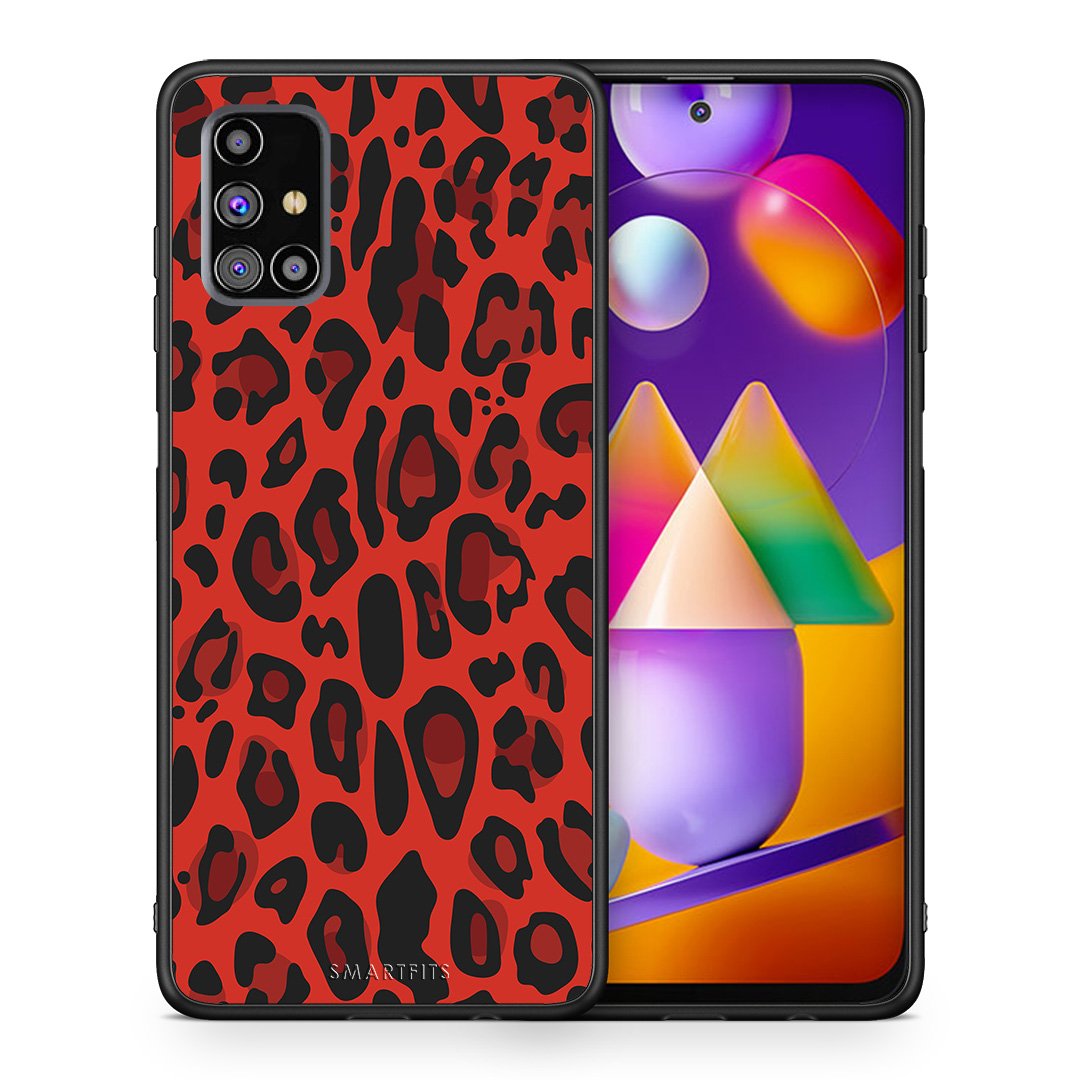 Θήκη Samsung M31s Red Leopard Animal από τη Smartfits με σχέδιο στο πίσω μέρος και μαύρο περίβλημα | Samsung M31s Red Leopard Animal case with colorful back and black bezels