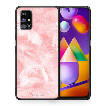 Θήκη Samsung M31s Pink Feather Boho από τη Smartfits με σχέδιο στο πίσω μέρος και μαύρο περίβλημα | Samsung M31s Pink Feather Boho case with colorful back and black bezels