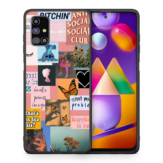 Θήκη Αγίου Βαλεντίνου Samsung M31s Collage Bitchin από τη Smartfits με σχέδιο στο πίσω μέρος και μαύρο περίβλημα | Samsung M31s Collage Bitchin case with colorful back and black bezels