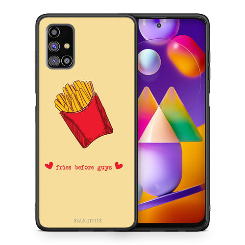 Θήκη Αγίου Βαλεντίνου Samsung M31s Fries Before Guys από τη Smartfits με σχέδιο στο πίσω μέρος και μαύρο περίβλημα | Samsung M31s Fries Before Guys case with colorful back and black bezels