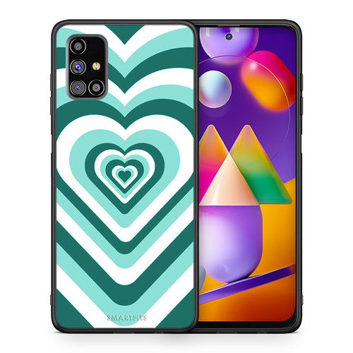 Θήκη Samsung M31s Green Hearts από τη Smartfits με σχέδιο στο πίσω μέρος και μαύρο περίβλημα | Samsung M31s Green Hearts case with colorful back and black bezels
