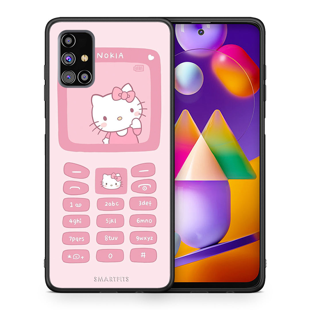 Θήκη Αγίου Βαλεντίνου Samsung M31s Hello Kitten από τη Smartfits με σχέδιο στο πίσω μέρος και μαύρο περίβλημα | Samsung M31s Hello Kitten case with colorful back and black bezels