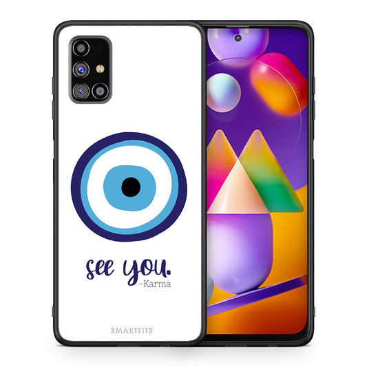 Θήκη Samsung M31s Karma Says από τη Smartfits με σχέδιο στο πίσω μέρος και μαύρο περίβλημα | Samsung M31s Karma Says case with colorful back and black bezels