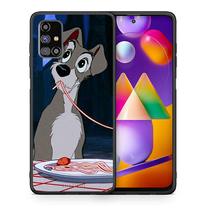 Θήκη Αγίου Βαλεντίνου Samsung M31s Lady And Tramp 1 από τη Smartfits με σχέδιο στο πίσω μέρος και μαύρο περίβλημα | Samsung M31s Lady And Tramp 1 case with colorful back and black bezels