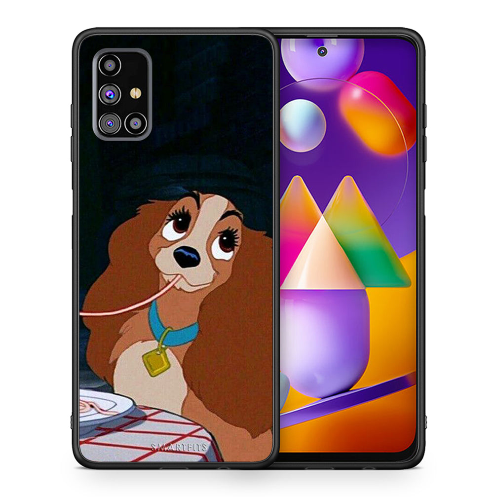 Θήκη Αγίου Βαλεντίνου Samsung M31s Lady And Tramp 2 από τη Smartfits με σχέδιο στο πίσω μέρος και μαύρο περίβλημα | Samsung M31s Lady And Tramp 2 case with colorful back and black bezels