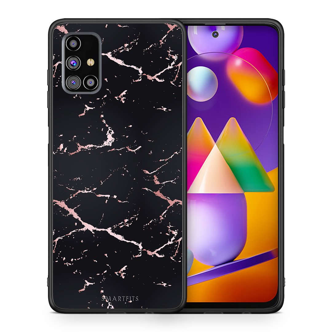 Θήκη Samsung M31s Black Rosegold Marble από τη Smartfits με σχέδιο στο πίσω μέρος και μαύρο περίβλημα | Samsung M31s Black Rosegold Marble case with colorful back and black bezels