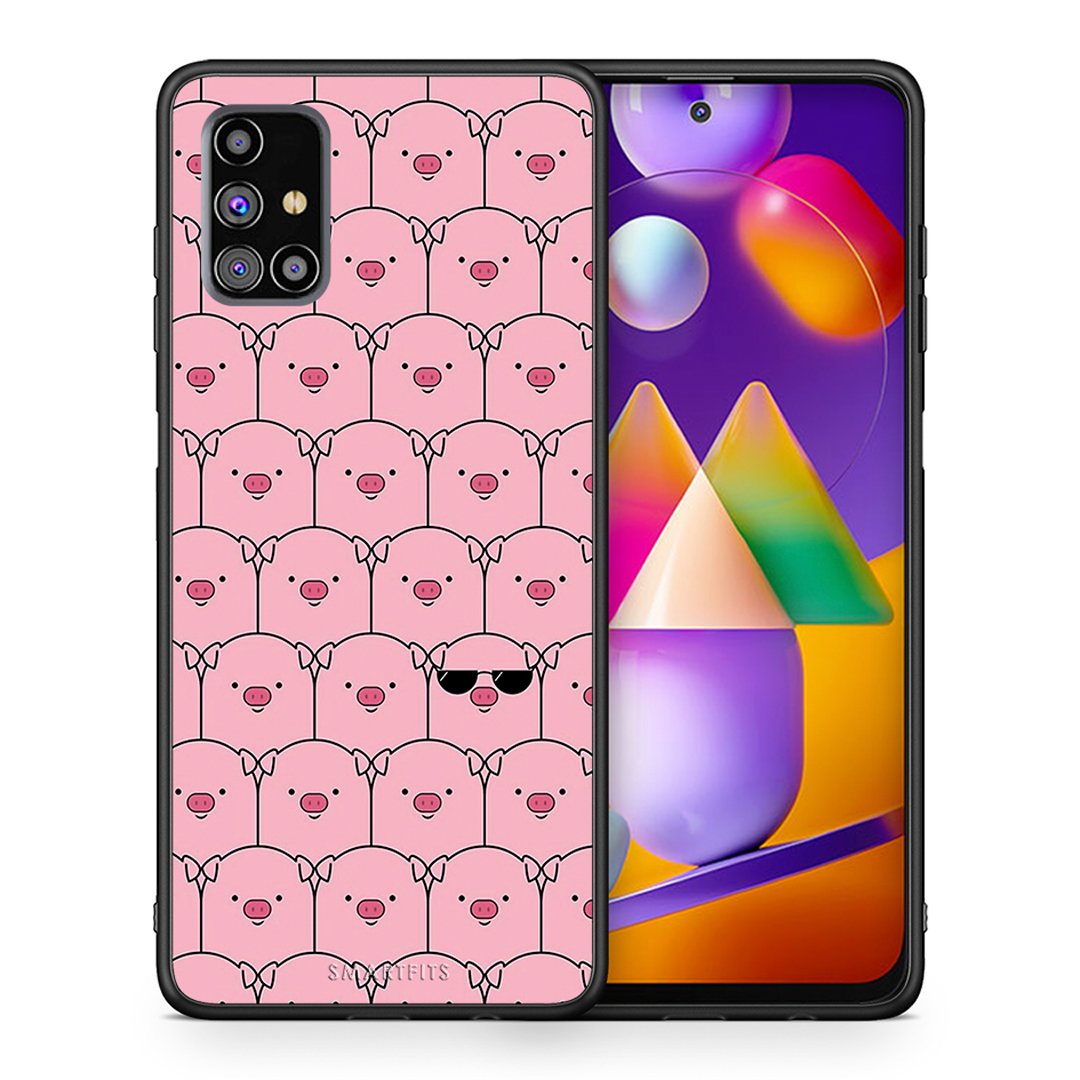 Θήκη Samsung M31s Pig Glasses από τη Smartfits με σχέδιο στο πίσω μέρος και μαύρο περίβλημα | Samsung M31s Pig Glasses case with colorful back and black bezels