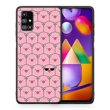 Θήκη Samsung M31s Pig Glasses από τη Smartfits με σχέδιο στο πίσω μέρος και μαύρο περίβλημα | Samsung M31s Pig Glasses case with colorful back and black bezels