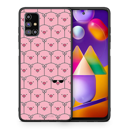 Θήκη Samsung M31s Pig Glasses από τη Smartfits με σχέδιο στο πίσω μέρος και μαύρο περίβλημα | Samsung M31s Pig Glasses case with colorful back and black bezels