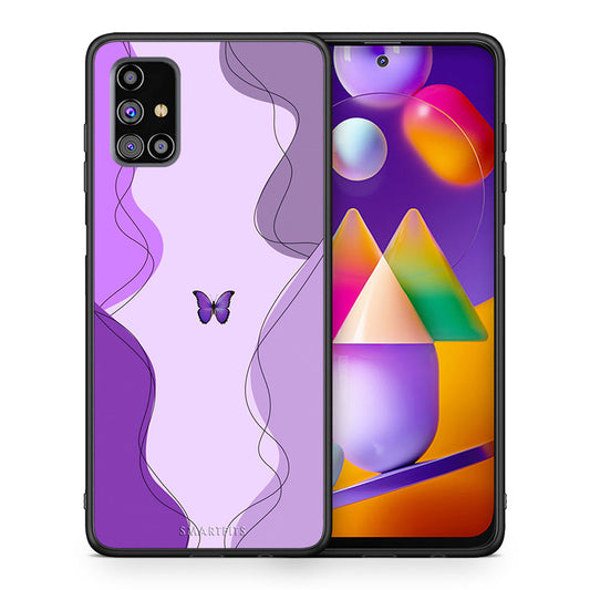 Θήκη Αγίου Βαλεντίνου Samsung M31s Purple Mariposa από τη Smartfits με σχέδιο στο πίσω μέρος και μαύρο περίβλημα | Samsung M31s Purple Mariposa case with colorful back and black bezels