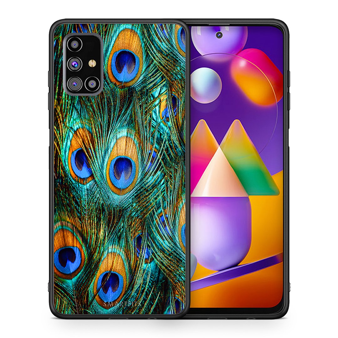 Θήκη Samsung M31s Real Peacock Feathers από τη Smartfits με σχέδιο στο πίσω μέρος και μαύρο περίβλημα | Samsung M31s Real Peacock Feathers case with colorful back and black bezels