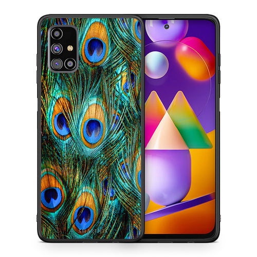 Θήκη Samsung M31s Real Peacock Feathers από τη Smartfits με σχέδιο στο πίσω μέρος και μαύρο περίβλημα | Samsung M31s Real Peacock Feathers case with colorful back and black bezels