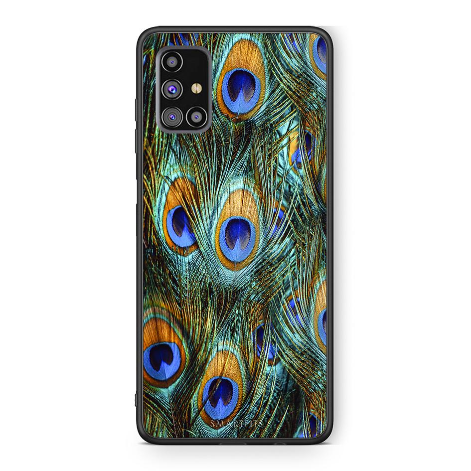 Samsung M31s Real Peacock Feathers θήκη από τη Smartfits με σχέδιο στο πίσω μέρος και μαύρο περίβλημα | Smartphone case with colorful back and black bezels by Smartfits