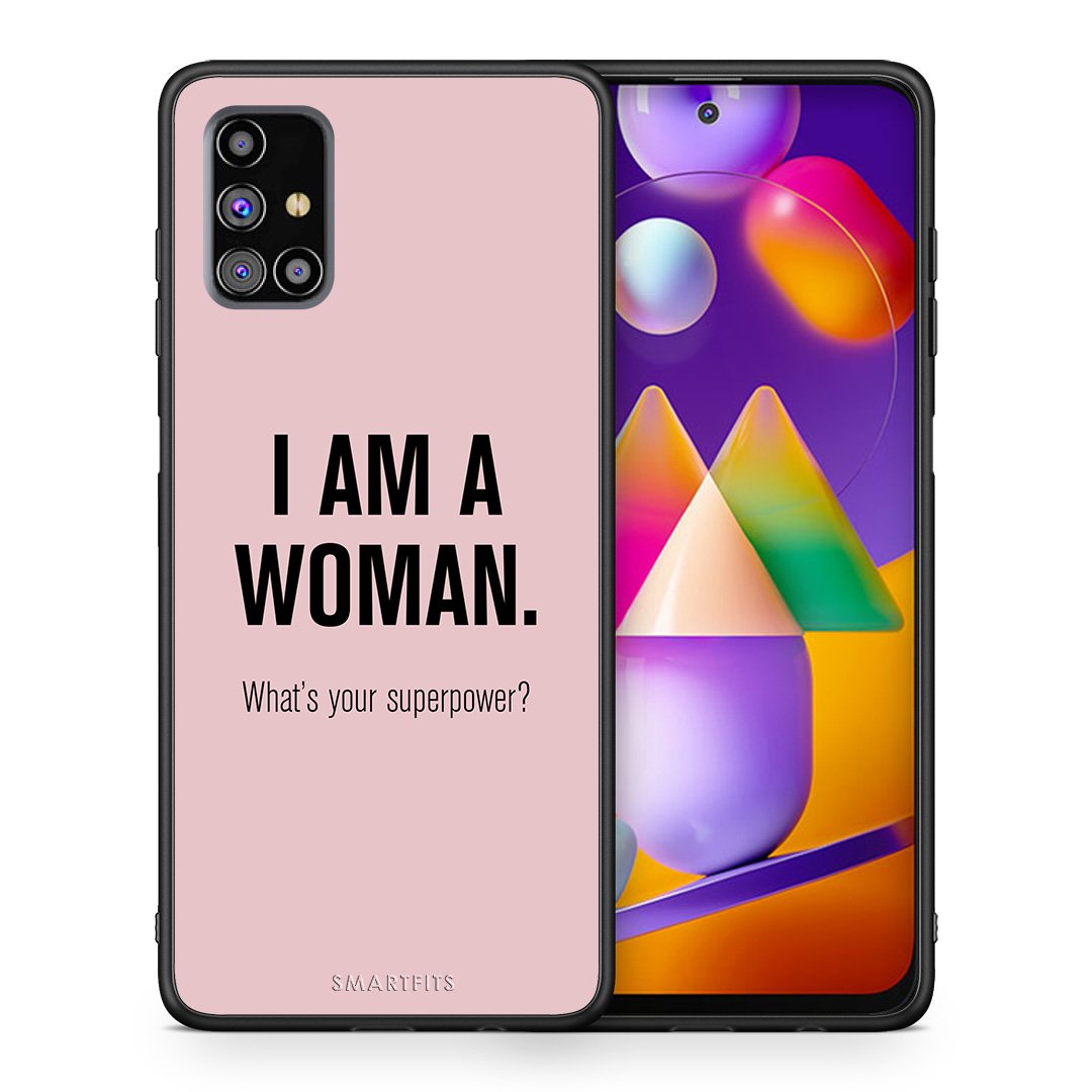 Θήκη Samsung M31s Superpower Woman από τη Smartfits με σχέδιο στο πίσω μέρος και μαύρο περίβλημα | Samsung M31s Superpower Woman case with colorful back and black bezels
