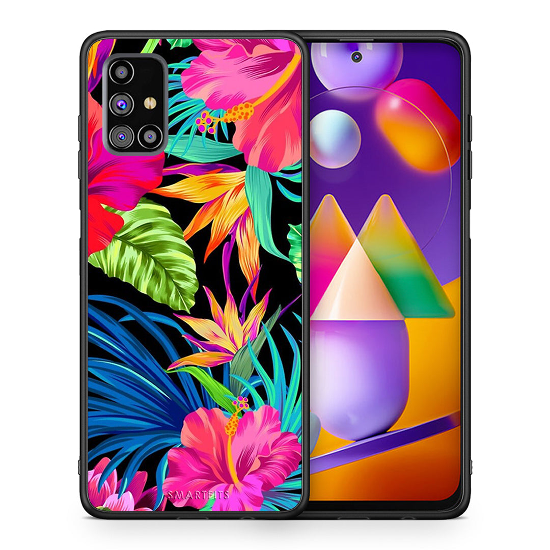Θήκη Samsung M31s Tropical Flowers από τη Smartfits με σχέδιο στο πίσω μέρος και μαύρο περίβλημα | Samsung M31s Tropical Flowers case with colorful back and black bezels