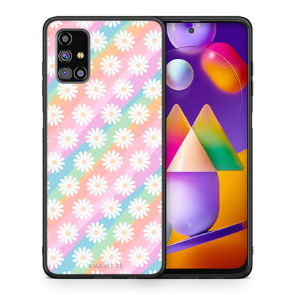 Θήκη Samsung M31s White Daisies από τη Smartfits με σχέδιο στο πίσω μέρος και μαύρο περίβλημα | Samsung M31s White Daisies case with colorful back and black bezels