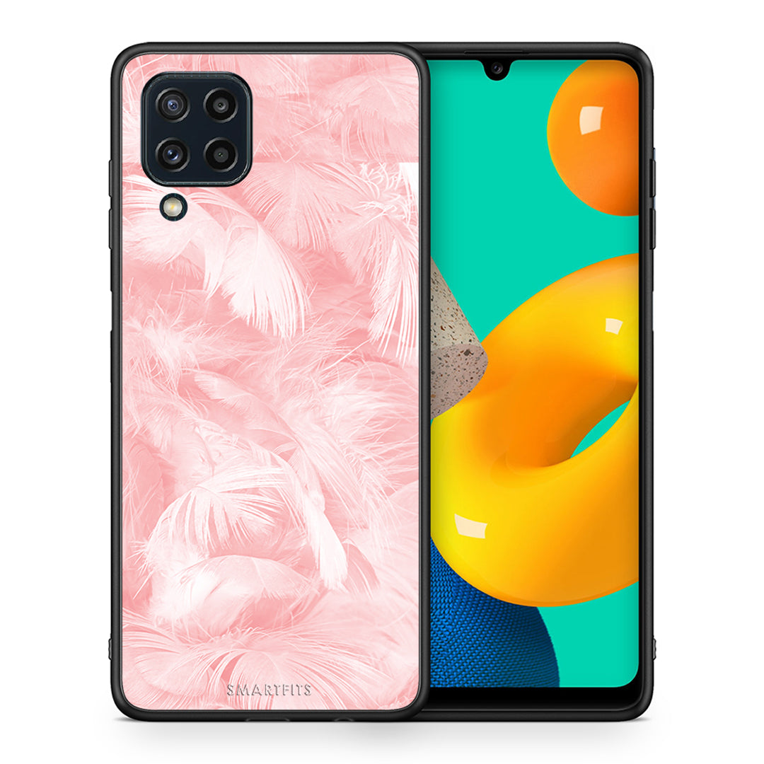 Θήκη Samsung M32 4G Pink Feather Boho από τη Smartfits με σχέδιο στο πίσω μέρος και μαύρο περίβλημα | Samsung M32 4G Pink Feather Boho case with colorful back and black bezels