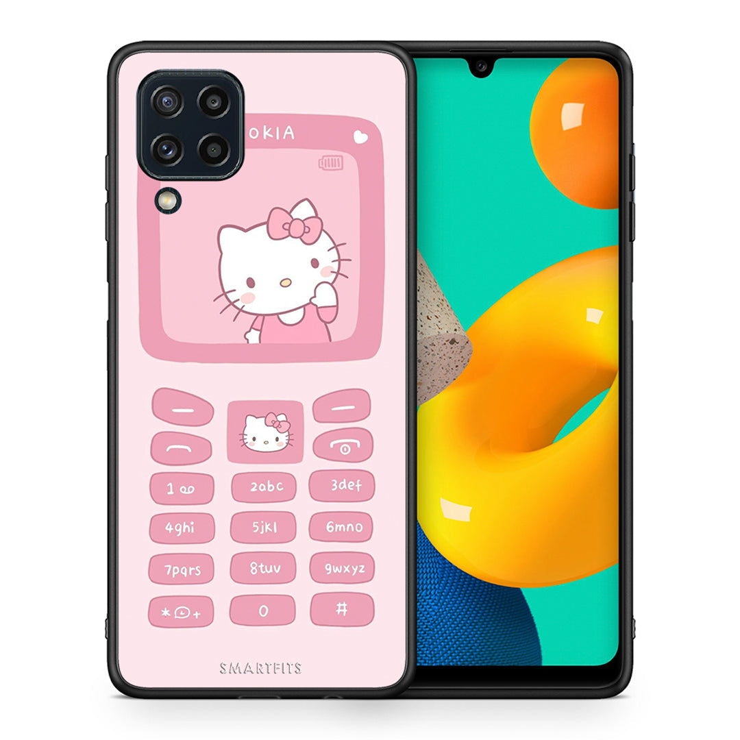 Θήκη Αγίου Βαλεντίνου Samsung M32 4G Hello Kitten από τη Smartfits με σχέδιο στο πίσω μέρος και μαύρο περίβλημα | Samsung M32 4G Hello Kitten case with colorful back and black bezels