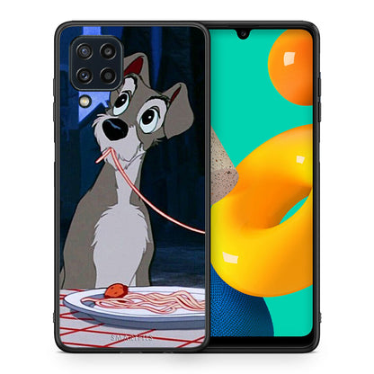 Θήκη Αγίου Βαλεντίνου Samsung M32 4G Lady And Tramp 1 από τη Smartfits με σχέδιο στο πίσω μέρος και μαύρο περίβλημα | Samsung M32 4G Lady And Tramp 1 case with colorful back and black bezels
