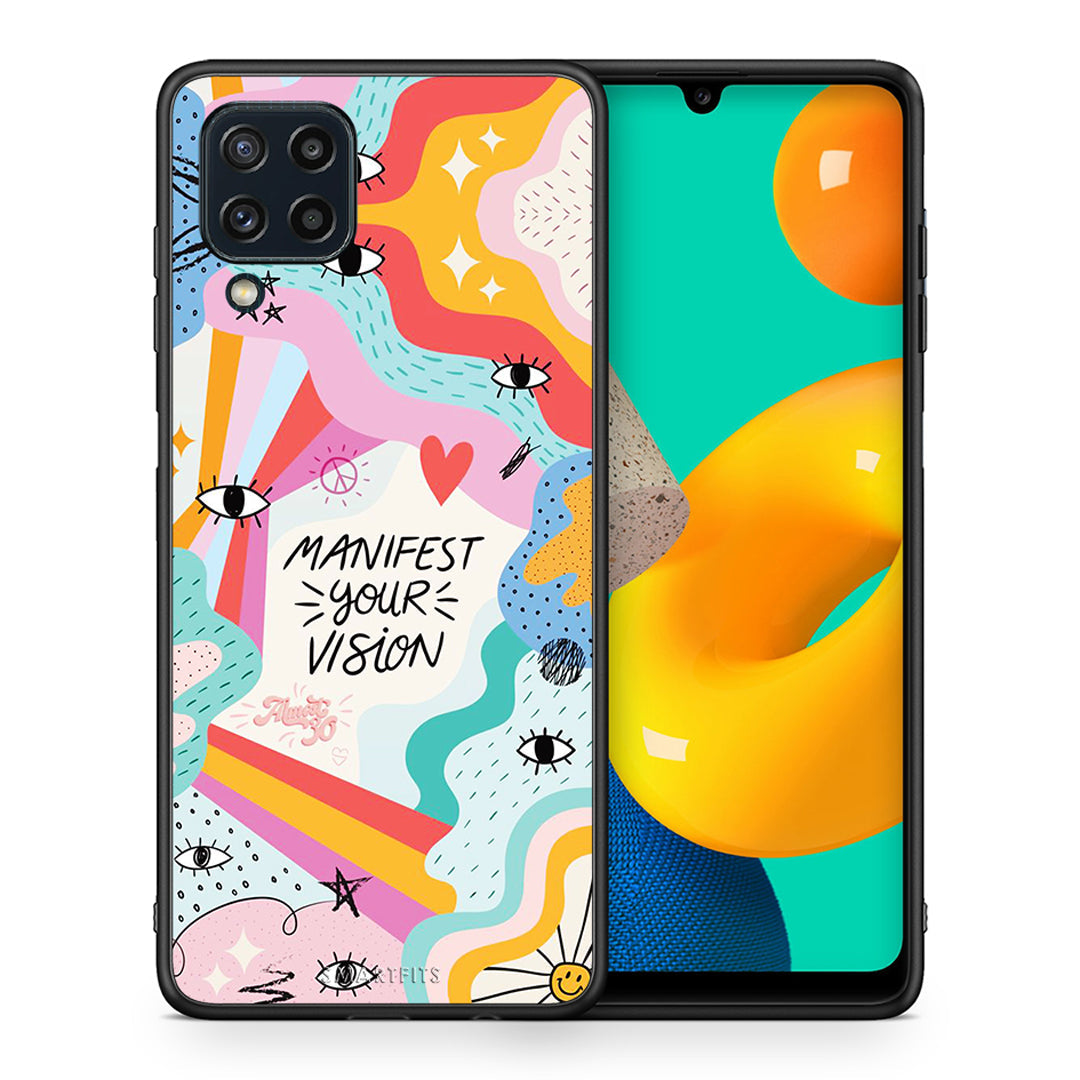 Θήκη Samsung M32 4G Manifest Your Vision από τη Smartfits με σχέδιο στο πίσω μέρος και μαύρο περίβλημα | Samsung M32 4G Manifest Your Vision case with colorful back and black bezels