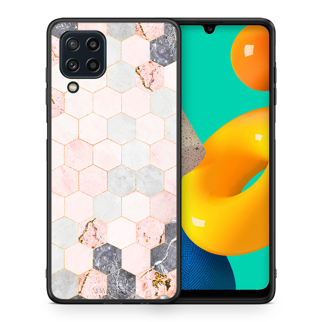 Θήκη Samsung M32 4G Hexagon Pink Marble από τη Smartfits με σχέδιο στο πίσω μέρος και μαύρο περίβλημα | Samsung M32 4G Hexagon Pink Marble case with colorful back and black bezels