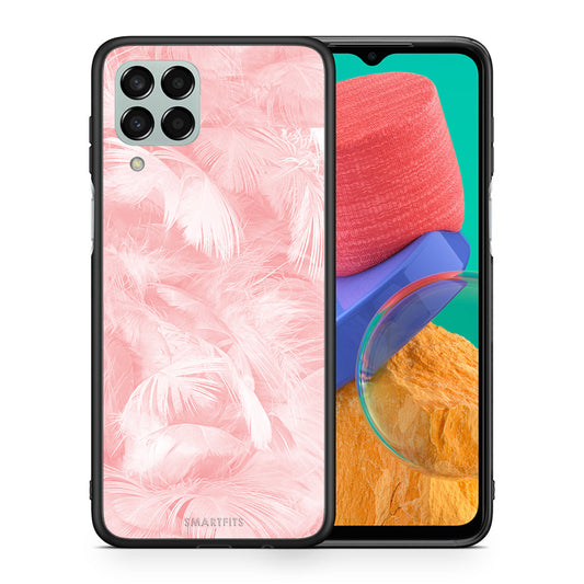 Θήκη Samsung M33 Pink Feather Boho από τη Smartfits με σχέδιο στο πίσω μέρος και μαύρο περίβλημα | Samsung M33 Pink Feather Boho case with colorful back and black bezels