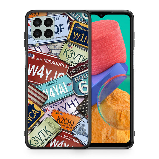 Θήκη Samsung M33 Car Plates από τη Smartfits με σχέδιο στο πίσω μέρος και μαύρο περίβλημα | Samsung M33 Car Plates case with colorful back and black bezels
