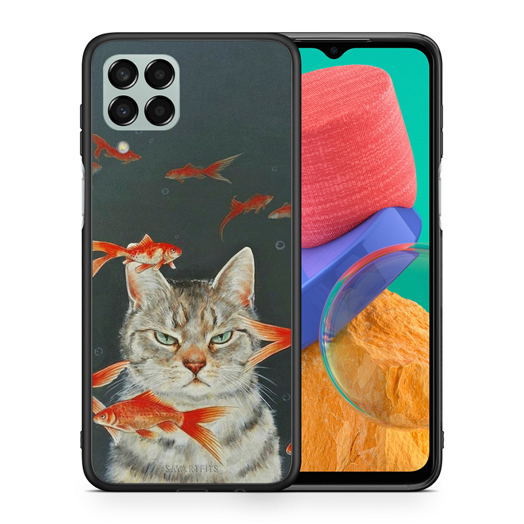 Θήκη Samsung M33 Cat Goldfish από τη Smartfits με σχέδιο στο πίσω μέρος και μαύρο περίβλημα | Samsung M33 Cat Goldfish case with colorful back and black bezels