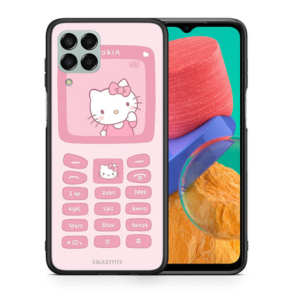 Θήκη Αγίου Βαλεντίνου Samsung M33 Hello Kitten από τη Smartfits με σχέδιο στο πίσω μέρος και μαύρο περίβλημα | Samsung M33 Hello Kitten case with colorful back and black bezels