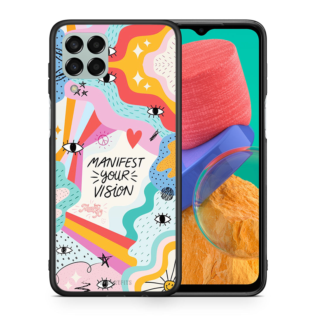 Θήκη Samsung M33 Manifest Your Vision από τη Smartfits με σχέδιο στο πίσω μέρος και μαύρο περίβλημα | Samsung M33 Manifest Your Vision case with colorful back and black bezels