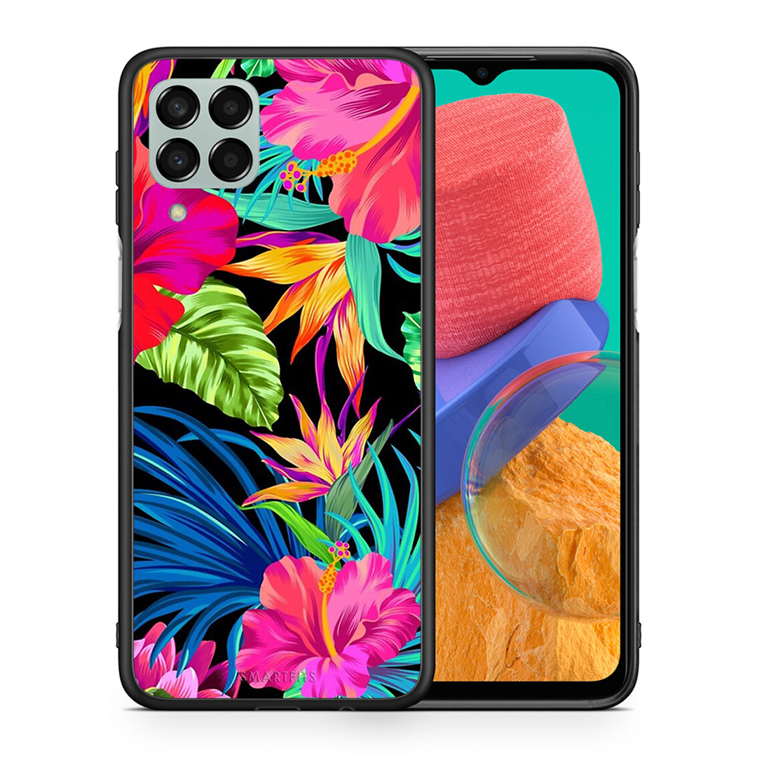 Θήκη Samsung M33 Tropical Flowers από τη Smartfits με σχέδιο στο πίσω μέρος και μαύρο περίβλημα | Samsung M33 Tropical Flowers case with colorful back and black bezels