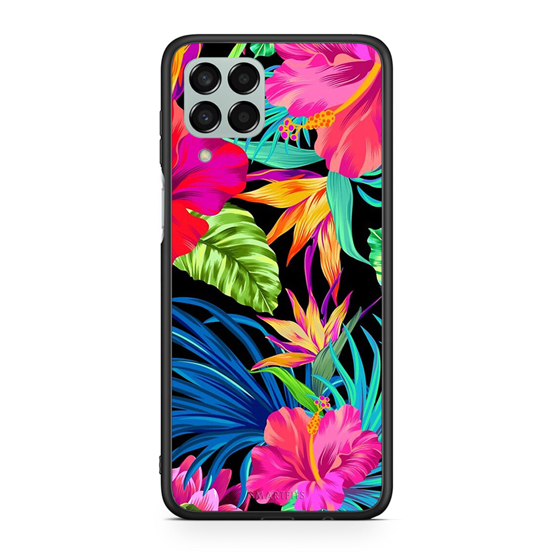 Samsung M33 Tropical Flowers θήκη από τη Smartfits με σχέδιο στο πίσω μέρος και μαύρο περίβλημα | Smartphone case with colorful back and black bezels by Smartfits