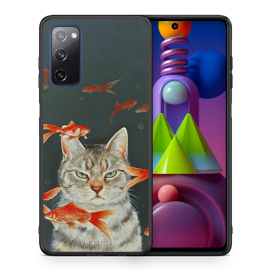 Θήκη Samsung Galaxy M51 Cat Goldfish από τη Smartfits με σχέδιο στο πίσω μέρος και μαύρο περίβλημα | Samsung Galaxy M51 Cat Goldfish case with colorful back and black bezels