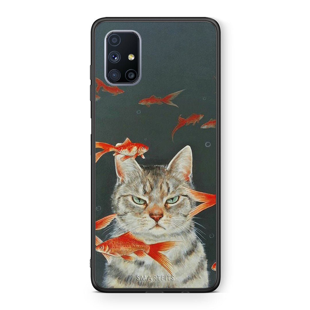 Θήκη Samsung Galaxy M51 Cat Goldfish από τη Smartfits με σχέδιο στο πίσω μέρος και μαύρο περίβλημα | Samsung Galaxy M51 Cat Goldfish case with colorful back and black bezels