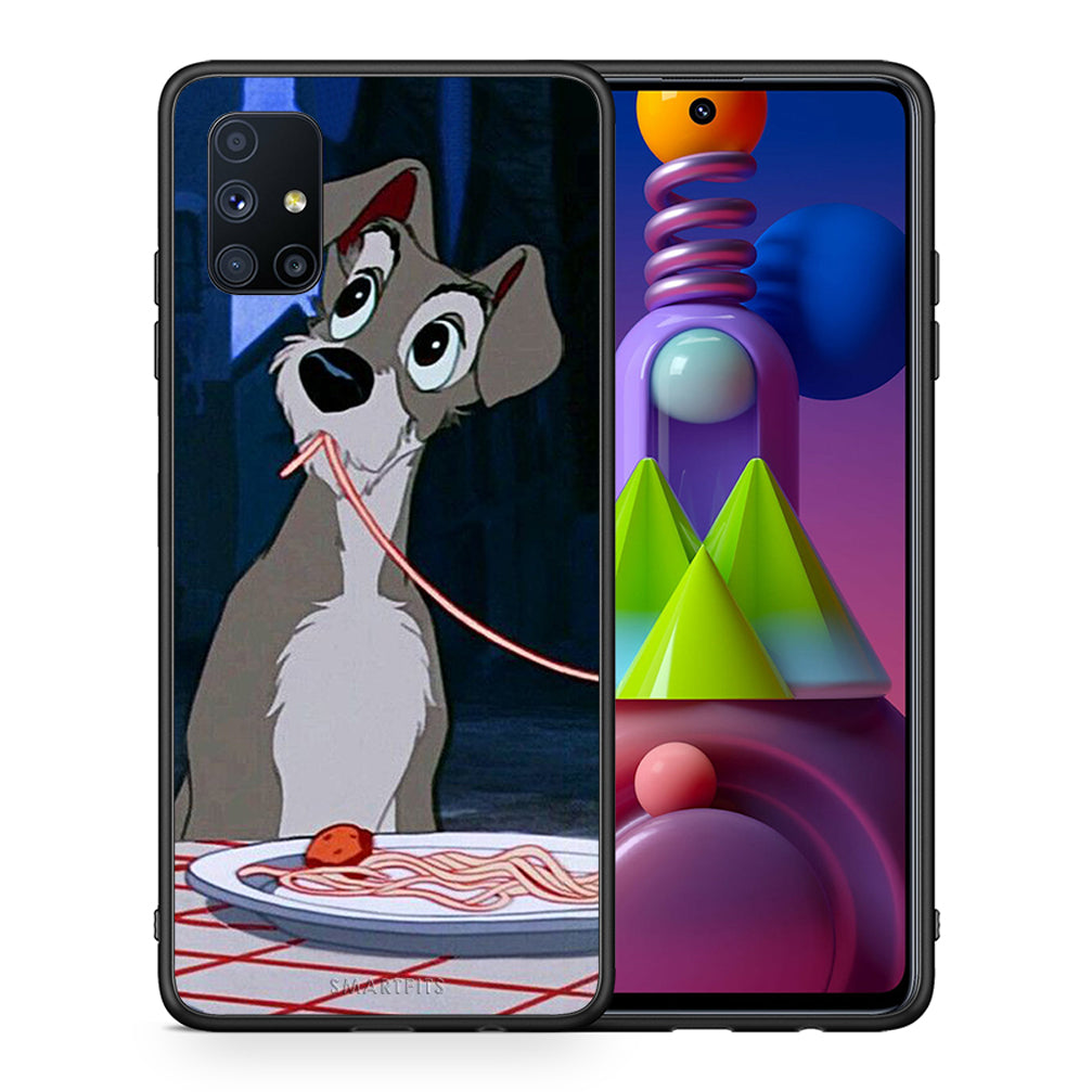 Θήκη Αγίου Βαλεντίνου Samsung Galaxy M51 Lady And Tramp 1 από τη Smartfits με σχέδιο στο πίσω μέρος και μαύρο περίβλημα | Samsung Galaxy M51 Lady And Tramp 1 case with colorful back and black bezels